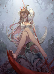 Rule 34 | 1girl, barefoot, blood, brain, breasts, brown hair, cat, chainsaw man, cleavage, crossed legs, foreshortening, gradient hair, guro, highres, holding, holding scythe, horns, large breasts, long hair, medium breasts, meowy (chainsaw man), multicolored hair, off shoulder, open mouth, pink hair, power (chainsaw man), puchu huang, scythe, sharp teeth, shirt, sitting, smile, soles, teeth, tentacles, white shirt, yellow eyes