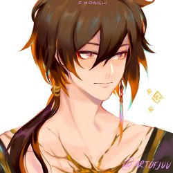 Rule 34 | 10juu, 1boy, black hair, brown hair, close-up, closed mouth, crack, earrings, english text, genshin impact, gold, hair between eyes, highres, jewelry, kintsugi, long hair, male focus, multicolored hair, ponytail, simple background, single earring, smile, solo, yellow eyes, zhongli (genshin impact)