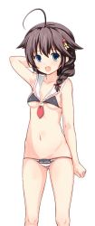 Rule 34 | 10s, 1girl, :d, ahoge, bare arms, bare legs, bikini, black hair, braid, breasts, collarbone, female focus, hair between eyes, kantai collection, looking at viewer, lowleg, lowleg bikini, navel, open mouth, shigure (kancolle), simple background, small breasts, smile, solo, standing, swimsuit, testa, white background