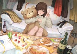Rule 34 | 1girl, absurdres, bottle, brown eyes, brown hair, cake, can, couch, cup, food, highres, huge filesize, indoors, knees up, long sleeves, looking at viewer, medium hair, messy, open mouth, original, pizza, plate, shii595, shirt, sitting, smile, solo, stuffed animal, stuffed toy, table, teddy bear, v, white shirt