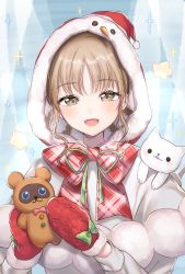 Rule 34 | 1girl, :d, animal, blush, bow, brown eyes, capelet, cat, fur-trimmed capelet, fur trim, head tilt, highres, holding, holding stuffed toy, hood, hood up, hooded capelet, light brown hair, long hair, long sleeves, mittens, nijisanji, open mouth, plaid, plaid bow, red bow, red mittens, sister claire, sister claire (5th costume), smile, solo, sparkle, star (symbol), stuffed animal, stuffed toy, teddy bear, umeno, virtual youtuber, white capelet