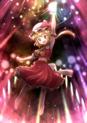 Rule 34 | 1girl, :d, arm up, ascot, blonde hair, blush, crystal, demon wings, flandre scarlet, frilled shirt collar, frilled sleeves, frills, full body, glowing, grey pantyhose, hat, hat ribbon, looking at viewer, magic, minust, mob cap, navel, open mouth, pantyhose, puffy short sleeves, puffy sleeves, red eyes, red skirt, red vest, ribbon, shirt, short sleeves, skirt, smile, solo, stomach, touhou, vest, white hat, white shirt, wings