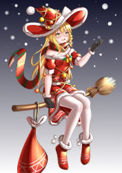 Rule 34 | 1girl, absurdres, ailu elf, bag, black gloves, blonde hair, braid, broom, broom riding, chinese commentary, commentary request, full body, gloves, gradient background, hat, highres, kirisame marisa, long hair, mixed-language commentary, pantyhose, red hat, red scarf, red shirt, red skirt, santa costume, scarf, shirt, side braid, single braid, skirt, snowing, solo, touhou, white pantyhose, witch hat, yellow eyes