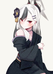 Rule 34 | 1girl, absurdres, black choker, black flower, black hair, black horns, black kimono, blue archive, blush, choker, closed mouth, commentary request, earclip, flower, gradient hair, grey halo, hair flower, hair ornament, hairclip, halo, highres, horns, japanese clothes, kayoko (blue archive), kayoko (new year) (blue archive), kimono, long hair, long sleeves, looking at viewer, multicolored hair, obi, off shoulder, official alternate costume, pink hair, sabakan kandume, sash, simple background, single bare shoulder, sitting, solo, white background, white hair