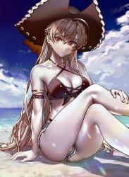 Rule 34 | 1girl, ahoge, arm support, armlet, aroddst4, ass, azur lane, bare legs, bare shoulders, beach, bikini, black bikini, breasts, brown hair, cleavage, closed mouth, collarbone, criss-cross halter, crossed legs, cutoffs, day, denim, denim shorts, earrings, expressionless, front-tie bikini top, front-tie top, grey shorts, halterneck, halterneck, hat, highleg, highleg bikini, highres, jean bart (azur lane), jean bart (private apres midi) (azur lane), jewelry, knees up, leg up, long hair, looking at viewer, medium breasts, micro shorts, necklace, official alternate costume, outdoors, pirate hat, red eyes, revision, short shorts, shorts, sitting, solo, string bikini, swimsuit, thighs, v-shaped eyebrows, very long hair