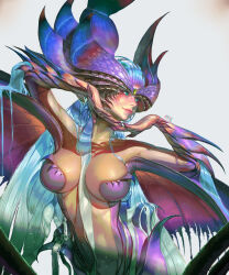 Rule 34 | 1girl, absurdres, arms up, blue eyes, blue hair, blue horns, breasts, center opening, closed mouth, commentary, cowboy shot, english commentary, fingernails, forehead jewel, gradient hair, gradient horns, gradient wings, grey hair, highres, horns, kyu yong eom, large breasts, lips, long fingernails, long hair, looking afar, looking to the side, monster girl, multicolored hair, multicolored horns, multicolored wings, orange wings, original, pink lips, purple horns, purple wings, revealing clothes, signature, smile, solo, white background, wings, wiping, yellow gemstone