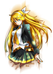 Rule 34 | 1girl, aged up, alternate hair length, alternate hairstyle, belt, blonde hair, bow, braid, breasts, caffein, covered erect nipples, cropped jacket, cropped legs, french braid, future style (module), green eyes, hair bow, hair ornament, hairclip, headphones, highres, jacket, kagamine rin, leather, leather jacket, long hair, nail polish, navel, necktie, skirt, solo, tie clip, vocaloid, yellow nails, zipper