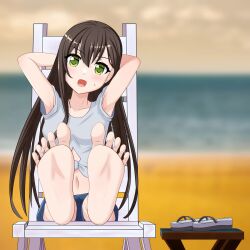 Rule 34 | 1girl, arms behind head, bang dream!, barefoot, chair, feet, flip-flops, green eyes, hanazono tae, highres, light blush, long hair, looking at viewer, lounge chair, open mouth, sandals, shoes, unworn shoes, soles, toes