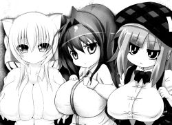 Rule 34 | 3girls, alexi (tits!), animal ears, breasts, cat ears, character request, cleavage, cool-kyou shinja, huge breasts, monochrome, multiple girls, open clothes, open shirt, oppai loli, source request, syroh