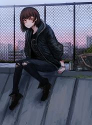 Rule 34 | 1girl, absurdres, bad id, bad pixiv id, bag, black footwear, black hoodie, black pantyhose, black shirt, bracelet, brown bag, brown hair, building, chain-link fence, closed mouth, fence, fur trim, grass, highres, hood, hoodie, jewelry, original, paint, pantyhose, purple eyes, ratatatat74, shirt, sitting, slope, solo, spray can, spray paint, sunset, tight clothes, torn clothes, torn pantyhose