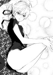 Rule 34 | 1girl, absurdres, ass, blush, breasts, darker than black, dutch angle, greyscale, hair ribbon, hands up, highres, kawakami rokkaku, looking at viewer, lying, medium hair, monochrome, on back, on bed, panties, panty pull, parted lips, pillow, ponytail, ribbon, shirt, short sleeves, small breasts, solo, underwear, undressing, yin (darker than black)