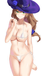 Rule 34 | 1girl, arm behind back, bare shoulders, bikini, blue flower, blue hat, blue rose, breasts, brown hair, closed mouth, collarbone, commentary, cowboy shot, flower, genshin impact, green eyes, groin, hair between eyes, hair flower, hair ornament, hand up, hat, hat flower, highres, large breasts, light smile, lisa (genshin impact), long hair, looking at viewer, micro bikini, moroes, navel, rose, shiny skin, side-tie bikini bottom, simple background, solo, string bikini, swimsuit, thighs, underboob, white background, white bikini, witch hat