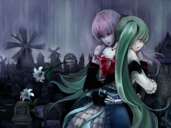 Rule 34 | 2girls, blood, blood from mouth, death, flower, funkid, green hair, hatsune miku, highres, lily (flower), long hair, megurine luka, multiple girls, pink hair, stab, tombstone, very long hair, vocaloid, yuri