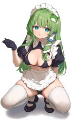 Rule 34 | 1girl, absurdres, alternate costume, apron, bikini, black bikini, black footwear, black gloves, breasts, enmaided, fanteam, frilled apron, frills, frog hair ornament, full body, gloves, green eyes, green hair, hair ornament, hair tubes, highres, kochiya sanae, large breasts, long hair, looking at viewer, maid, maid apron, maid bikini, maid headdress, open mouth, puffy short sleeves, puffy sleeves, shoes, short sleeves, simple background, snake hair ornament, solo, squatting, swimsuit, thighhighs, touhou, unconventional maid, waist apron, white apron, white background, white thighhighs