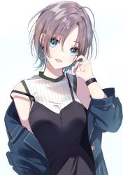 Rule 34 | 1girl, :d, asakura toru, bare shoulders, black dress, blue eyes, blue hair, blush, breasts, buckle, denim, denim jacket, dress, earrings, gradient hair, head tilt, highres, idolmaster, idolmaster shiny colors, jacket, jewelry, long sleeves, looking at viewer, medium breasts, misumi (macaroni), multicolored hair, off shoulder, open clothes, open jacket, open mouth, parted bangs, purple hair, shirt, short hair, smile, solo, strap slip, striped clothes, striped shirt, unbuttoned, upper body, vertical-striped clothes, vertical-striped shirt, white shirt