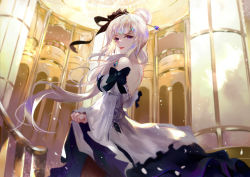 Rule 34 | 1girl, bare shoulders, black bow, black ribbon, blonde hair, bow, breasts, commission, dress, gold, hair ornament, hair ribbon, hairpin, highres, indoors, jewelry, long hair, long sleeves, looking at viewer, looking back, necklace, off-shoulder dress, off shoulder, original, parted lips, purple eyes, ribbon, silver hair, skirt hold, smile, solo, vardan, very long hair, white dress