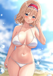Rule 34 | 1girl, alice margatroid, aqua eyes, bikini, blonde hair, blue sky, blurry, blurry background, blush, breasts, cleavage, cloud, commentary request, frilled hairband, frills, hairband, highres, large breasts, looking at viewer, navel, open mouth, outdoors, partial commentary, red hairband, reijing etrn, short hair, sky, solo, swimsuit, touhou, white bikini
