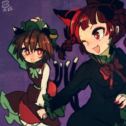 Rule 34 | 2girls, ;d, animal ears, bow, bowtie, braid, breasts, bright pupils, brown hair, cat ears, cat tail, chen, dress, earrings, fang, gold trim, green dress, holding hands, hat, jewelry, kaenbyou rin, long hair, looking at another, maaru (akira428), medium breasts, mob cap, multiple girls, multiple tails, nail polish, nekomata, one eye closed, open mouth, purple background, red dress, red eyes, red nails, red neckwear, short hair, single earring, skin fang, smile, tail, touhou, twin braids, twintails, two tails, white neckwear