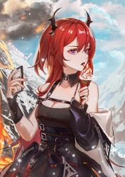 Rule 34 | 1girl, arknights, bare shoulders, belt, black belt, black dress, blue sky, breasts, cleavage, cloud, commentary, day, dress, food, hair between eyes, hand up, holding, holding food, horns, ice cream, ice cream cone, long hair, long sleeves, looking at viewer, medium breasts, nananmsl, open mouth, purple eyes, red hair, sky, solo, surtr (arknights), tongue, tongue out, upper body, very long hair