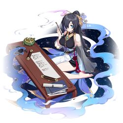Rule 34 | 1girl, barefoot, black hair, blue eyes, book, breasts, calligraphy brush, chinese clothes, desk, gem, hair ornament, holding, honkai (series), honkai impact 3rd, incense burner, large breasts, multicolored hair, official art, paintbrush, paper, purple hair, see-through, see-through sleeves, sitting, smile, solo, third-party source, wang zhenyi (honkai impact)