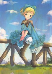 Rule 34 | blonde hair, bloomers, boots, cloud, day, dress, fence, hairband, headband, highres, outdoors, short hair, sitting, sky, solo, underwear