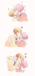 Rule 34 | 1boy, 1girl, absurdres, blonde hair, face-to-face, french kiss, heart, highres, kamiyama high school uniform (project sekai), kiss, looking at another, momomo (m0 3), necktie, pink hair, pink sweater, project sekai, sailor collar, school uniform, short hair, simple background, sweater, white sailor collar, yellow sweater