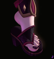 Rule 34 | 1girl, absurdres, arched soles, artist logo, black background, commentary, english commentary, feet, feet only, foot focus, genshin impact, heel up, high heels, highres, kuki shinobu, mohoshadream, nail polish, out of frame, purple footwear, purple nails, sandals, shadow, simple background, solo, toenail polish, toenails, toes