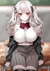 Rule 34 | 1girl, absurdres, black ribbon, bow, bowtie, breasts, grey skirt, hair ribbon, highres, large breasts, myumyutain, original, red bow, red bowtie, red eyes, ribbon, school uniform, shirt, skirt, two side up, white hair, white shirt
