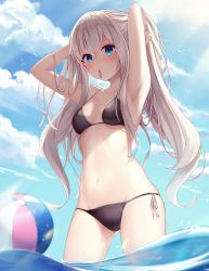 Rule 34 | 1girl, armpits, arms up, ball, beachball, bikini, black bikini, blue eyes, blue sky, blush, breasts, cleavage, cloud, collarbone, commission, cowboy shot, day, gluteal fold, highres, light rays, long hair, looking at viewer, mouth hold, original, outdoors, pixiv commission, ribbon, side-tie bikini bottom, silver hair, sira (user dswn7488), sky, small breasts, solo, string bikini, sunbeam, sunlight, swimsuit, tying hair, very long hair, wading, water, white ribbon