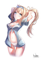 Rule 34 | 1girl, absurdres, alswp5806, alternate costume, bad id, bad pixiv id, bikini, blonde hair, blue eyes, blue hairband, blue shirt, blush, breasts, cleavage, closed mouth, collarbone, cowboy shot, girls&#039; frontline, groin, hair between eyes, hair ornament, hairband, highres, holding, holding hair, long hair, looking up, medium breasts, navel, shirt, sidelocks, signature, simple background, snowflake hair ornament, solo, stomach, suomi (girls&#039; frontline), swimsuit, white background, white bikini