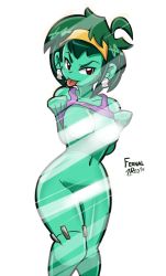 Rule 34 | breasts, brown eyes, censored, colored skin, convenient censoring, curvy, fernal-red, green hair, green skin, naughty face, nude, rottytops, shantae (series), thick thighs, thighs, tomboy, zombie