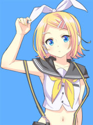 Rule 34 | 1girl, blonde hair, blue background, blue eyes, courreges ace, hair ornament, hair ribbon, hairclip, headphones, kagamine rin, looking at viewer, midriff, navel, ribbon, short hair, sleeveless, solo, suspenders, vocaloid