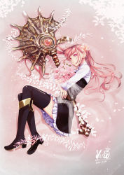 Rule 34 | 1girl, axe, black thighhighs, blouse, bouquet, dated, fire emblem, fire emblem: three houses, flower, freikugal (weapon), from above, full body, heroes relic (fire emblem), hilda valentine goneril, holding, holding bouquet, looking at viewer, matching hair/eyes, nintendo, pink eyes, pink hair, shirt, solo, thighhighs, thighs, twintails, white shirt, zettai ryouiki