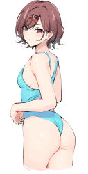 Rule 34 | 1girl, absurdres, ass, blue one-piece swimsuit, blush, breasts, brown hair, commentary request, cowboy shot, from behind, gin00, hair ornament, hairclip, highres, higuchi madoka, idolmaster, idolmaster shiny colors, looking at viewer, looking back, mole, mole under eye, one-piece swimsuit, own hands together, purple eyes, short hair, simple background, small breasts, solo, standing, swimsuit, white background