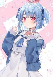 Rule 34 | 1girl, absurdres, animal ears, blue hair, blue ribbon, choker, commentary request, dress, fur-trimmed jacket, fur trim, hair ribbon, hands up, happy birthday, highres, hikimayu, hololive, index finger raised, jacket, kabi akaru, light blush, long sleeves, looking at viewer, open clothes, open jacket, open mouth, rabbit ears, red eyes, ribbon, sailor collar, solo, two side up, upper body, usada pekora, usada pekora (casual), virtual youtuber, white choker, white dress