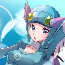 Rule 34 | 1girl, aqua background, arm up, breasts, collarbone, commentary request, creatures (company), eyelashes, feathers, game freak, gym leader, helmet, long hair, long sleeves, looking to the side, miyama (yakinikusushi the royal), nintendo, open mouth, pokemon, pokemon oras, purple hair, solo, tongue, upper body, winona (pokemon)