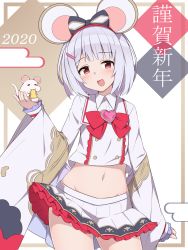 Rule 34 | 1girl, 2020, :d, animal, animal ears, black bow, bow, bowtie, brooch, carrying, collared shirt, commentary request, cowboy shot, crop top, crop top overhang, detached sleeves, fake animal ears, granblue fantasy, groin, hair ornament, hairband, hairclip, happy new year, heart, heart brooch, highres, jewelry, long sleeves, looking at viewer, midriff, miniskirt, mouse (animal), mouse ears, navel, new year, open mouth, pleated skirt, red eyes, shirt, short hair, silver hair, skirt, smile, solo, stomach, user ykwg8547, vikala (granblue fantasy), white shirt, white skirt, wide sleeves