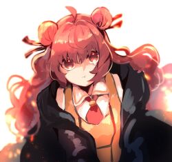Rule 34 | 1girl, :t, ahoge, black jacket, collared shirt, commentary request, double bun, girls&#039; frontline, hair bun, highres, jacket, long hair, looking at viewer, necktie, open clothes, open jacket, pout, red eyes, red hair, red necktie, sena yuuta, shirt, simple background, solo, tearing up, upper body, vest, white background, white shirt, wz.29 (girls&#039; frontline)
