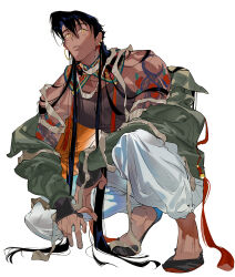 Rule 34 | 1boy, arm tattoo, atie1225, baggy pants, bandages, black footwear, black hair, chinese clothes, chinese commentary, closed mouth, dark-skinned male, dark skin, ear piercing, earrings, full body, green jacket, jacket, jacket partially removed, jewelry, long hair, looking at viewer, male focus, mandarin collar, original, pants, piercing, shirt, simple background, sleeveless, sleeveless shirt, sleeves past wrists, solo, squatting, tassel, tattoo, toned, toned male, two-sided fabric, two-sided jacket, very long hair, white background, white pants, yellow eyes