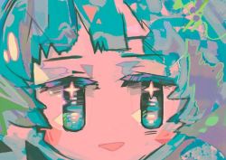 Rule 34 | 1girl, abstract, bad id, bad twitter id, blue eyes, blue hair, blunt bangs, blush, character request, close-up, gradient eyes, hito (nito563), multicolored eyes, no nose, open mouth, short hair, smile, solo, touhou