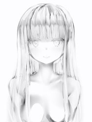 Rule 34 | 1girl, bangs, blunt bangs, breasts, bright pupils, closed mouth, completely nude, hair over breasts, highres, looking at viewer, marshmallow-chan (nanashi), medium breasts, nanashi (nlo), nude, original, simple background, smile, solo, upper body, white background