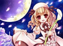 Rule 34 | 1girl, bad id, bad pixiv id, blonde hair, clothes lift, dress, dress lift, drill hair, female focus, flower, full moon, gorota, hat, looking at viewer, luna child, moon, open mouth, petals, red eyes, rose, short hair, smile, solo, touhou, white flower, white rose, wings