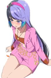 Rule 34 | 1girl, black hair, blush, carron (pretty series), chain, commentary request, crop top, cup, dolldolldd, from above, hairband, highres, holding, holding cup, jacket, jewelry, korean commentary, long hair, long sleeves, multicolored hair, necklace, nose blush, open clothes, open jacket, open mouth, pink hairband, pink jacket, pink shorts, pretty series, purple eyes, purple hair, shorts, simple background, sitting, solo, spill, very long hair, waccha primagi!, white background