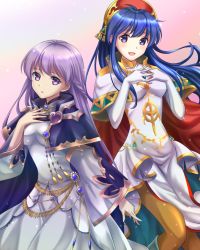 Rule 34 | 2girls, :d, belly chain, blue dress, cloak, dress, elbow gloves, expressionless, fire emblem, fire emblem: the binding blade, gloves, hand on own chest, highres, interlocked fingers, jewelry, kakiko210, lavender dress, light particles, lilina (fire emblem), long hair, long sleeves, looking at viewer, multiple girls, nintendo, open mouth, purple cloak, purple eyes, purple hair, simple background, smile, sophia (fire emblem), turtleneck, turtleneck dress, very long hair, white dress, white gloves