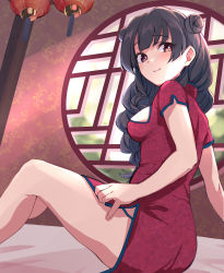 Rule 34 | 1girl, architecture, bare legs, black hair, blush, breasts, china dress, chinese clothes, closed mouth, commentary, double bun, dress, east asian architecture, from side, hair bun, highres, idolmaster, idolmaster shiny colors, lantern, long hair, looking at viewer, looking back, mayuzumi fuyuko, medium breasts, mizuabi kamome, orange eyes, red dress, short sleeves, side slit, sitting, smile, solo, sunlight, thighs, window
