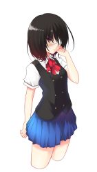 Rule 34 | 10s, 1girl, another, bad id, bad pixiv id, black hair, blue skirt, brown eyes, cropped legs, eyepatch, hand in own hair, highres, misaki mei, pleated skirt, short hair, simple background, skirt, solo, transparent background, white background, wish white