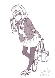 Rule 34 | 1girl, :o, absurdres, arms behind back, bag, blazer, collared shirt, commentary request, copyright request, dated, full body, hair between eyes, highres, holding, holding bag, jacket, leaning forward, loafers, long hair, long sleeves, looking at viewer, monochrome, neki (wakiko), open clothes, open jacket, pantyhose, parted lips, pleated skirt, school bag, school uniform, shirt, shoes, signature, simple background, sketch, skirt, solo, sweater, white background