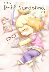 Rule 34 | 1girl, alternate costume, animal crossing, animal ears, animal hands, artist name, bell, belt, blonde hair, blue pants, blush, blush stickers, book, brown-framed eyewear, cellphone, closed eyes, dog ears, dog tail, feet, female focus, from above, full body, furry, furry female, furuya muku, glasses, glasses removed, hair bell, hair ornament, hair tie, isabelle (animal crossing), jingle bell, jpeg artifacts, lying, nintendo, on side, pants, phone, pillow, pink shirt, shirt, short hair, short sleeves, sleeping, solo, tail, text focus, translation request