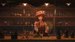 Rule 34 | 1girl, alcohol, bar (place), bartender, blurry, bottle, bow, brown eyes, brown hair, brown hat, brown skirt, brown vest, ceiling light, collared shirt, commentary request, counter, cup, dark, depth of field, drinking glass, food, fruit, furahata gen, hair ribbon, hand on own hip, hat, hat bow, highres, holding, indoors, jug (bottle), lamp, letterboxed, long sleeves, looking at viewer, necktie, orange (fruit), plant, potted plant, red neckwear, ribbon, shirt, skirt, skirt set, smile, tablecloth, touhou, tress ribbon, usami renko, vest, white bow, white shirt, wine, wine bottle, wine glass