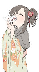 Rule 34 | 1girl, absurdres, blush, brown hair, capelet, closed eyes, closed mouth, commentary request, cup, disposable cup, drinking, floral print, flower, fur-trimmed capelet, fur trim, green kimono, grey capelet, hair between eyes, hair flower, hair ornament, hands up, highres, holding, holding cup, japanese clothes, kimono, long sleeves, obi, original, print kimono, red flower, sash, side ponytail, simple background, solo, white background, wide sleeves, yamamoto souichirou